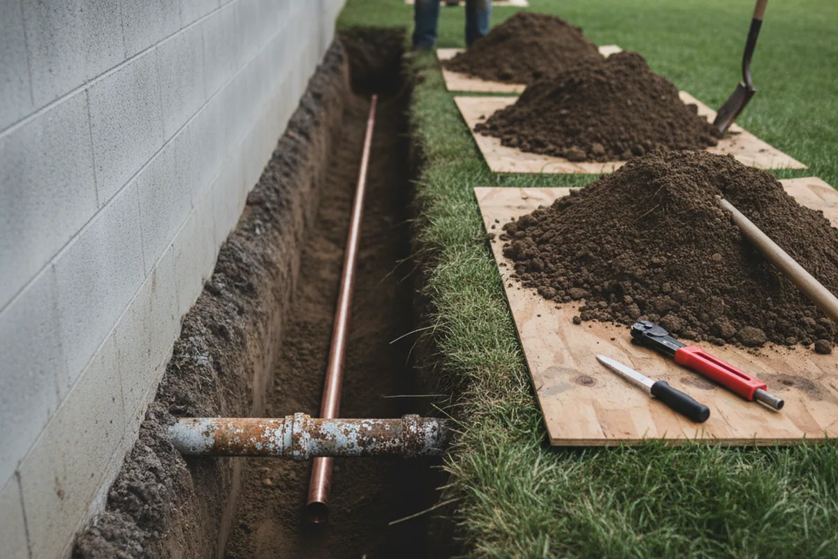 Excavated water line trench during Water Softener Installation in Mabton